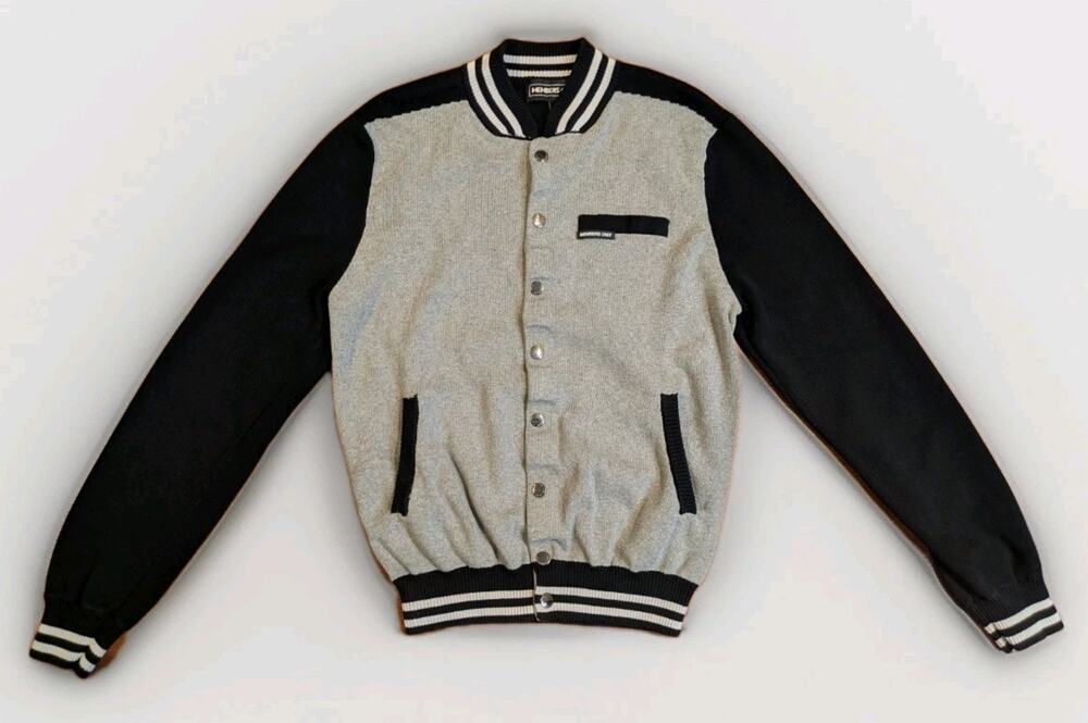Members Only Varsity Bomber Jacket Womens L Gray Black Snap Front Preppy Y2K